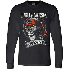 Harley-Davidson Men's Distressed Shady Skull Crew-Neck Long Sleeve Shirt - Black