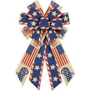 Large Patriotic Bow for Wreath， Memorial Day Patriotic Wreath Bow for Front Door 4th of July Patriotic Décor Red White Blue Star Wreath Bow for Indoor Outdoor Tree Topper Decoration Supplies Ornament
