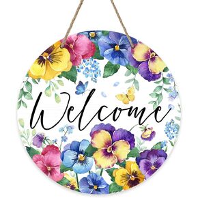 Welcome Spring Summer Floral Flowers Front Door Sign, Pansy Forget Me Not Wood Door Hanger Outdoor Outside Porch Decor, Butterfly Seasonal Wooden Wreath Indoor Wall Hanging Decoration