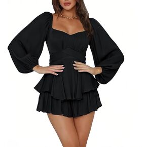 G&Y Women's Lantern Short Romper - Long Sleeve Ruffle Layer Mini Dress Waist Tie Jumpsuit