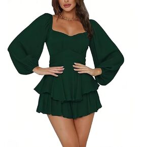 G&Y Women's Lantern Short Romper - Long Sleeve Ruffle Layer Mini Dress Waist Tie Jumpsuit