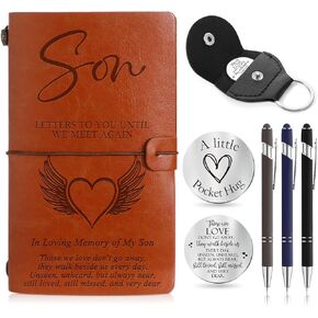 Fulmoon Memorial Gifts for Loss of Son Included 1 Grief Travel Diary Journal 1 Remembrance Pocket Hug 1 PU Leather Keychain 3 Ballpoint Pens Bereavement Gift for Loss of Son