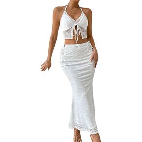 Verdusa Women's 2 Piece Outfits Contrast Floral Lace Tie Halter Top and Long Skirt Set in Kuwait