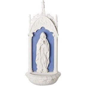 Lady of Lourdes Ivory With Deep Blue 3 x 11.5 Resin Stone Hanging Water Font