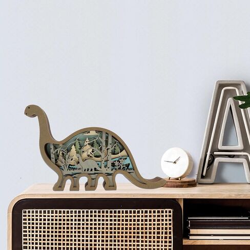 Dinosaurs Wooden Animal Statue Decor, Dinosaurs 3D Cute Design for Home, Office Farmhouse Wall Decoration, Wooden Animal Decor Ideal Gift for Little Boys & Girls (Dinosaurs+Light) in Kuwait