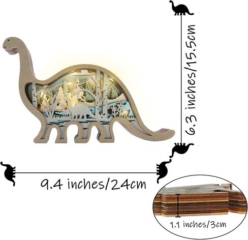 Dinosaurs Wooden Animal Statue Decor, Dinosaurs 3D Cute Design for Home, Office Farmhouse Wall Decoration, Wooden Animal Decor Ideal Gift for Little Boys & Girls (Dinosaurs+Light) in Kuwait