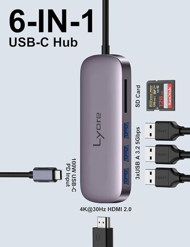 موزع USB C لأجهزة الكمبيوتر المحمول، مع HDMI 4K@30 هرتز، محول Lyare 6 في 1 USB-C مع 3 منافذ USB 3.0، 100 وات PD-in، قارئ بطاقة SD، لجهاز MacBook Pro/Air، iPad Pro، USB-C أجهزة الكمبيوتر المحمولة (الصاعقة 3 و 4). in Kuwait
