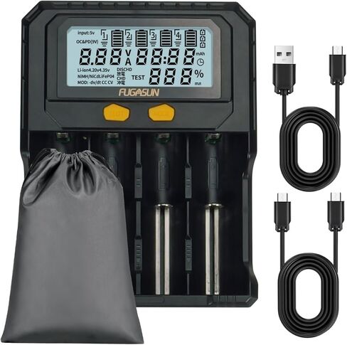 شاحن بطارية 4 Bay 26650 21700 مع اختبار السعة، شاحن FUGASUN 4 Bay PD Fast/QC 3.0 شاحن بطارية 18650 26650 شاحن لـ 32700 32650 26700 22700 21750 20700 Ni-MH مع لوح حماية in Kuwait
