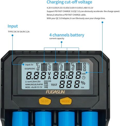 شاحن بطارية 4 Bay 26650 21700 مع اختبار السعة، شاحن FUGASUN 4 Bay PD Fast/QC 3.0 شاحن بطارية 18650 26650 شاحن لـ 32700 32650 26700 22700 21750 20700 Ni-MH مع لوح حماية in Kuwait