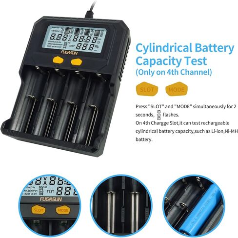 شاحن بطارية 4 Bay 26650 21700 مع اختبار السعة، شاحن FUGASUN 4 Bay PD Fast/QC 3.0 شاحن بطارية 18650 26650 شاحن لـ 32700 32650 26700 22700 21750 20700 Ni-MH مع لوح حماية in Kuwait