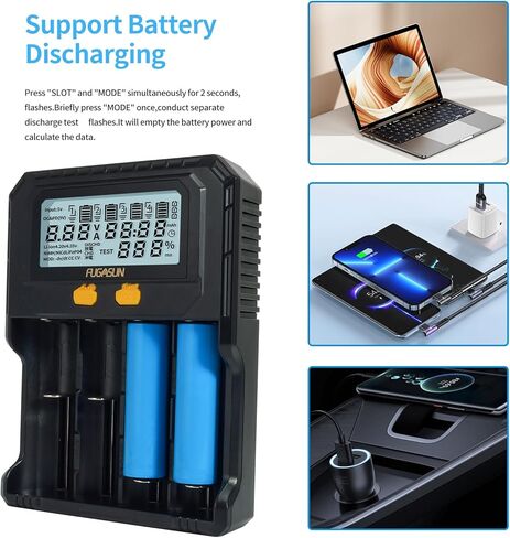 شاحن بطارية 4 Bay 26650 21700 مع اختبار السعة، شاحن FUGASUN 4 Bay PD Fast/QC 3.0 شاحن بطارية 18650 26650 شاحن لـ 32700 32650 26700 22700 21750 20700 Ni-MH مع لوح حماية in Kuwait
