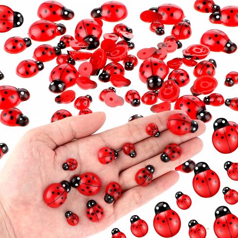 100 Pcs Mini Ladybugs, Flatback Resin Daisy Ladybug Decor Daisy Flower Tiny Ladybug Epoxy Pendants Mini Daisy Ornaments with Box for DIY Home Decoration Home Fairy Garden Dollhouse 3 Sizes in Saudi Arabia