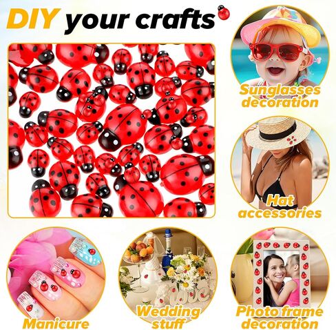 100 Pcs Mini Ladybugs, Flatback Resin Daisy Ladybug Decor Daisy Flower Tiny Ladybug Epoxy Pendants Mini Daisy Ornaments with Box for DIY Home Decoration Home Fairy Garden Dollhouse 3 Sizes in Saudi Arabia