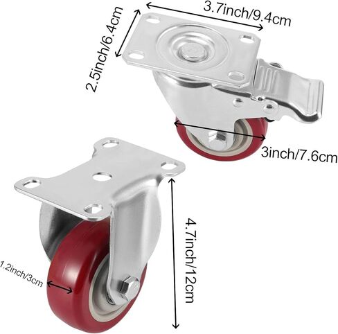 مجموعة عجلات عجلات 4 قطع مقاس 3 بوصة، قطعتان من عجلات العجلات الدوارة مع فرامل، قطعتان من عجلات العجلات الثابتة لنقل عربة الأثاث بسعة إجمالية 617 رطل in Kuwait