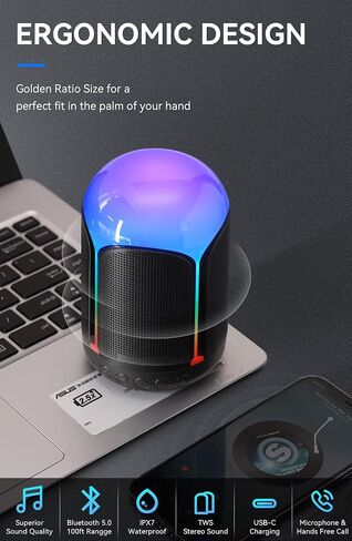 Bluetooth Speaker, Vibe Protable Wireless Speaker with RGB LED Light, IPX7 Waterproof, Rich Bass, APP Control, Bluetooth 5.0 for Party Beach Outdoor - Black in Saudi Arabia