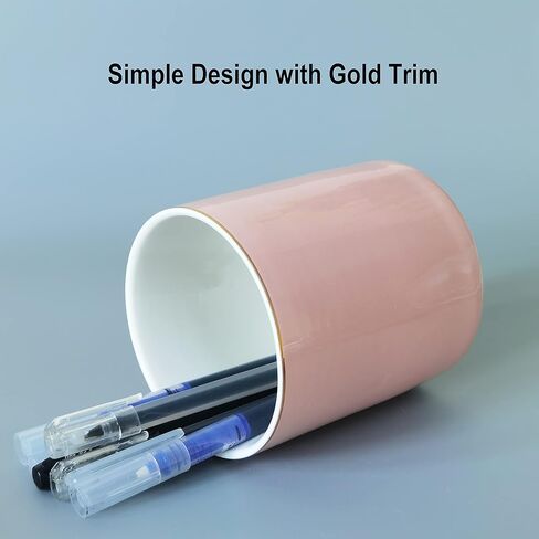 HANKOR Ceramic Pencil Holder for Desk - Cute Gold Trim Pen Aesthetic Makeup Brush Cup Holder Organizer for Desktop Storage Stationery Office Home Supplies, Black in Saudi Arabia