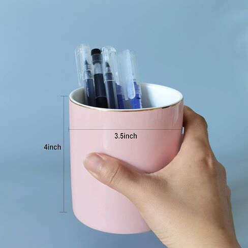 HANKOR Ceramic Pencil Holder for Desk - Cute Gold Trim Pen Aesthetic Makeup Brush Cup Holder Organizer for Desktop Storage Stationery Office Home Supplies, Black in Saudi Arabia