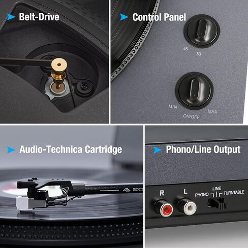1 by ONE Rock Pigeon Record Player with Speakers, 2-Speed Belt-Drive Turntable for Vinyle Records, Built-in Phono Preamp, Moving Magnetic Cartridge AT-3600L, RCA Out in Kuwait