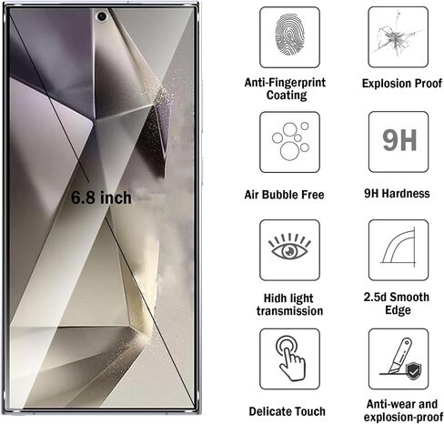 [عبوتان + 2] واقي شاشة متوافق مع Samsung Galaxy S24 Ultra 5G بصلابة 9H من الزجاج المقوى واقي عدسة الكاميرا تغطية كاملة لهاتف Samsung Galaxy S24 Ultra 5G واقي شاشة زجاجي مناسب in Kuwait