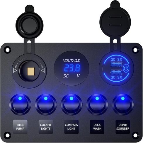 Upgrade 5 Gang Multi-Function Marine Boat Rocker Dual QC3.0 USB Charger Ports + Digital Volmeter +12V Outlet Pre-Wired Waterproof Switch Panel with Circuit Breakers for RV Car Boat Truck (Blue) in Saudi Arabia