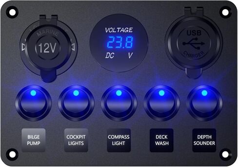 Upgrade 5 Gang Multi-Function Marine Boat Rocker Dual QC3.0 USB Charger Ports + Digital Volmeter +12V Outlet Pre-Wired Waterproof Switch Panel with Circuit Breakers for RV Car Boat Truck (Blue) in Saudi Arabia