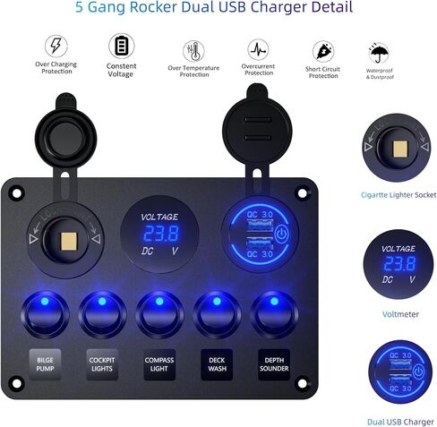 Upgrade 5 Gang Multi-Function Marine Boat Rocker Dual QC3.0 USB Charger Ports + Digital Volmeter +12V Outlet Pre-Wired Waterproof Switch Panel with Circuit Breakers for RV Car Boat Truck (Blue) in Saudi Arabia