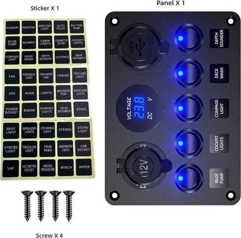 Upgrade 5 Gang Multi-Function Marine Boat Rocker Dual QC3.0 USB Charger Ports + Digital Volmeter +12V Outlet Pre-Wired Waterproof Switch Panel with Circuit Breakers for RV Car Boat Truck (Blue) in Saudi Arabia