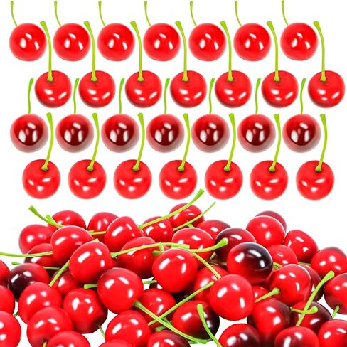 MotBach الكرز الأحمر الأسود الاصطناعي، 60 قطعة من الكرز الصناعي الكرز الأحمر الواقعي ديكور محاكاة وهمية الفاكهة الكرز الأحمر النابض بالحياة للمنزل والمطبخ وحفلات الزفاف والتصوير الفوتوغرافي in Kuwait