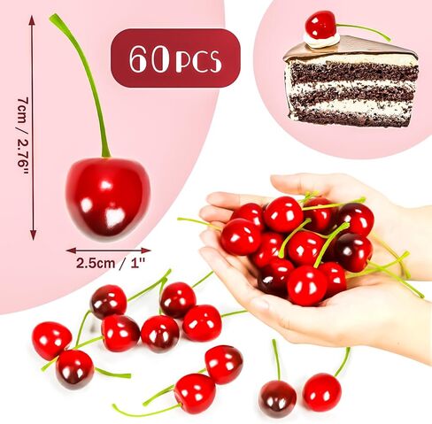 MotBach الكرز الأحمر الأسود الاصطناعي، 60 قطعة من الكرز الصناعي الكرز الأحمر الواقعي ديكور محاكاة وهمية الفاكهة الكرز الأحمر النابض بالحياة للمنزل والمطبخ وحفلات الزفاف والتصوير الفوتوغرافي in Kuwait