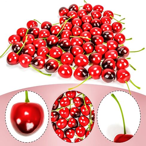 MotBach الكرز الأحمر الأسود الاصطناعي، 60 قطعة من الكرز الصناعي الكرز الأحمر الواقعي ديكور محاكاة وهمية الفاكهة الكرز الأحمر النابض بالحياة للمنزل والمطبخ وحفلات الزفاف والتصوير الفوتوغرافي in Kuwait