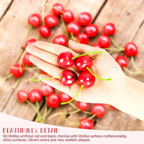 MotBach الكرز الأحمر الأسود الاصطناعي، 60 قطعة من الكرز الصناعي الكرز الأحمر الواقعي ديكور محاكاة وهمية الفاكهة الكرز الأحمر النابض بالحياة للمنزل والمطبخ وحفلات الزفاف والتصوير الفوتوغرافي in Kuwait