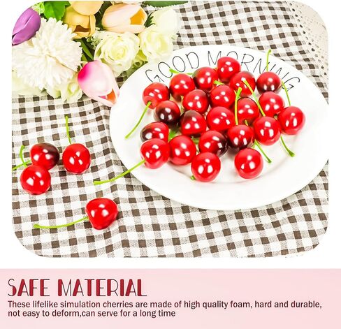 MotBach الكرز الأحمر الأسود الاصطناعي، 60 قطعة من الكرز الصناعي الكرز الأحمر الواقعي ديكور محاكاة وهمية الفاكهة الكرز الأحمر النابض بالحياة للمنزل والمطبخ وحفلات الزفاف والتصوير الفوتوغرافي in Kuwait
