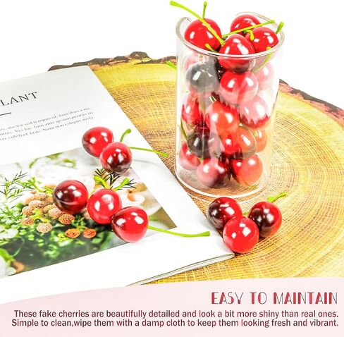MotBach الكرز الأحمر الأسود الاصطناعي، 60 قطعة من الكرز الصناعي الكرز الأحمر الواقعي ديكور محاكاة وهمية الفاكهة الكرز الأحمر النابض بالحياة للمنزل والمطبخ وحفلات الزفاف والتصوير الفوتوغرافي in Kuwait