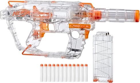 مسدس NERF Modulus Ghost Ops Evader المزود بمحرك - مسدس شفاف مضيء وامتداد للأسطوانة، يتضمن 12 سهمًا رسميًا من النخبة (حصريًا لأمازون) in Saudi Arabia
