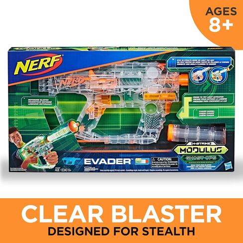 مسدس NERF Modulus Ghost Ops Evader المزود بمحرك - مسدس شفاف مضيء وامتداد للأسطوانة، يتضمن 12 سهمًا رسميًا من النخبة (حصريًا لأمازون) in Saudi Arabia