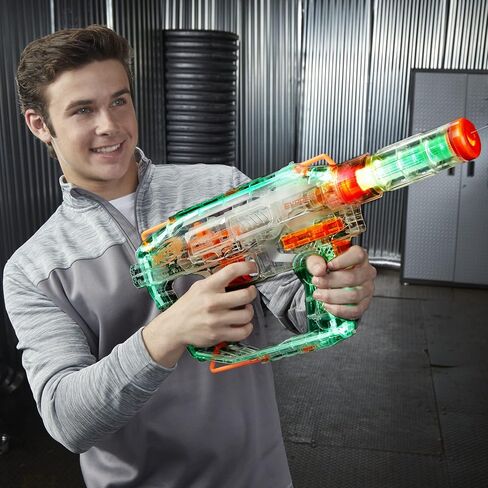 مسدس NERF Modulus Ghost Ops Evader المزود بمحرك - مسدس شفاف مضيء وامتداد للأسطوانة، يتضمن 12 سهمًا رسميًا من النخبة (حصريًا لأمازون) in Saudi Arabia