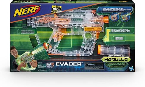مسدس NERF Modulus Ghost Ops Evader المزود بمحرك - مسدس شفاف مضيء وامتداد للأسطوانة، يتضمن 12 سهمًا رسميًا من النخبة (حصريًا لأمازون) in Saudi Arabia
