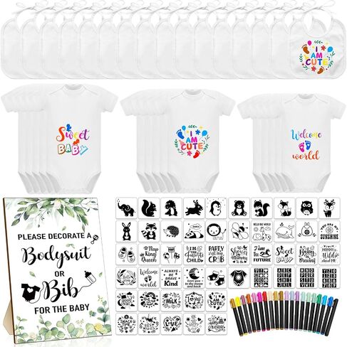 Chuarry 128 Pcs DIY Baby Shower Game Gift, Include 30 White Bibs 27 Baby Bodysuits 20 Markers 50 Stencils 1 Wooden Sign in Saudi Arabia
