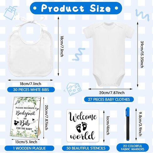 Chuarry 128 Pcs DIY Baby Shower Game Gift, Include 30 White Bibs 27 Baby Bodysuits 20 Markers 50 Stencils 1 Wooden Sign in Saudi Arabia