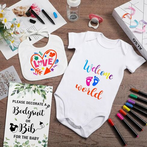 Chuarry 128 Pcs DIY Baby Shower Game Gift, Include 30 White Bibs 27 Baby Bodysuits 20 Markers 50 Stencils 1 Wooden Sign in Saudi Arabia