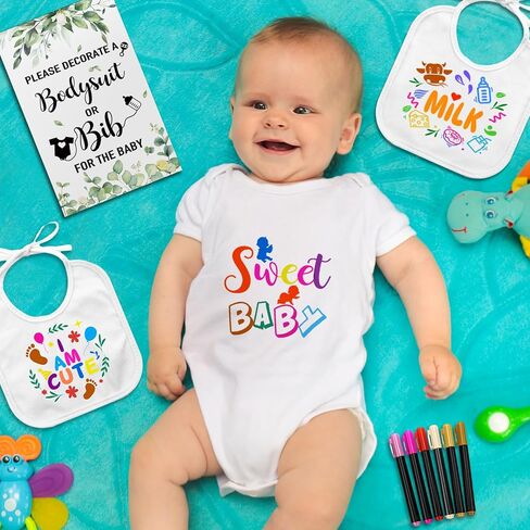 Chuarry 128 Pcs DIY Baby Shower Game Gift, Include 30 White Bibs 27 Baby Bodysuits 20 Markers 50 Stencils 1 Wooden Sign in Saudi Arabia