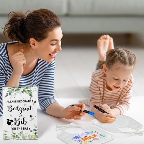 Chuarry 128 Pcs DIY Baby Shower Game Gift, Include 30 White Bibs 27 Baby Bodysuits 20 Markers 50 Stencils 1 Wooden Sign in Saudi Arabia