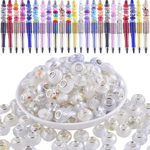 Large Hole Beads for Jewelry Making 120pcs 14mm Large Hole Murano Glass Beads for Pens European lampwork Beads for Beadable Pens Spacer Beads Bulk for Crafts Garden Stakes White Mix in Kuwait