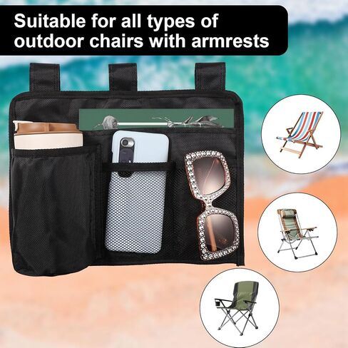 Beach Chair Cup Holder Attachment, Black Nylon Beach Chair Drink Bracket 4 Pockets Hanging Cup Holder Stand Adjustable Strap Phone Holder for Patio Lounger, Foldable Camping & Office Chair in Saudi Arabia