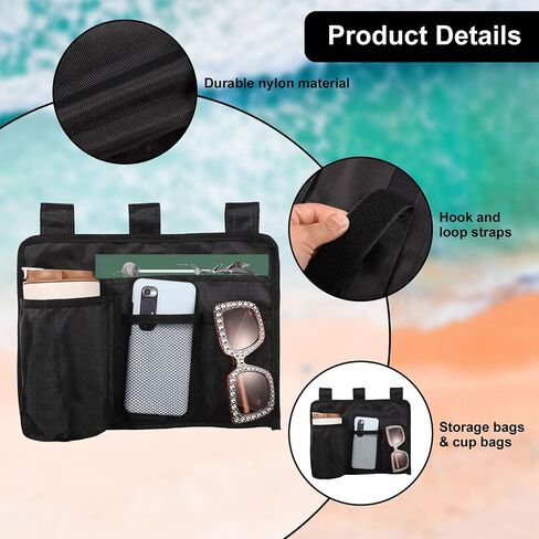 Beach Chair Cup Holder Attachment, Black Nylon Beach Chair Drink Bracket 4 Pockets Hanging Cup Holder Stand Adjustable Strap Phone Holder for Patio Lounger, Foldable Camping & Office Chair in Saudi Arabia