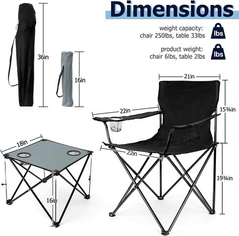 Camping Chairs with Table Set of 3 Black Folding Lawn Chairs Portable Grey Camp Table in Saudi Arabia