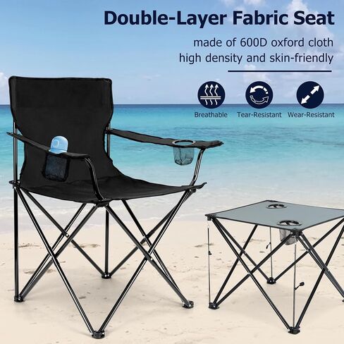 Camping Chairs with Table Set of 3 Black Folding Lawn Chairs Portable Grey Camp Table in Saudi Arabia