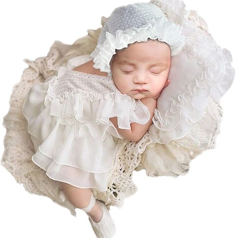 Holibeat Baby Girl 4PCS Photography Props (Romper+Pillow+Hat+Shoes) Newborn Girl Christmas Lace Photoshoot Outfits Infant Posing Props (white) in Saudi Arabia