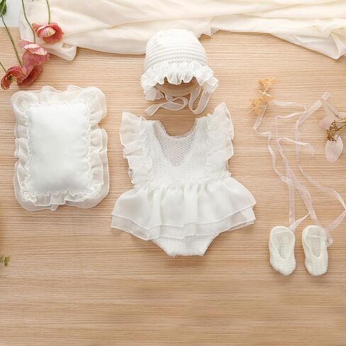 Holibeat Baby Girl 4PCS Photography Props (Romper+Pillow+Hat+Shoes) Newborn Girl Christmas Lace Photoshoot Outfits Infant Posing Props (white) in Saudi Arabia