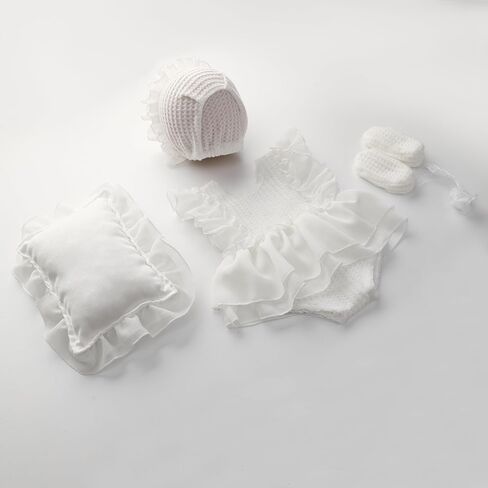 Holibeat Baby Girl 4PCS Photography Props (Romper+Pillow+Hat+Shoes) Newborn Girl Christmas Lace Photoshoot Outfits Infant Posing Props (white) in Saudi Arabia